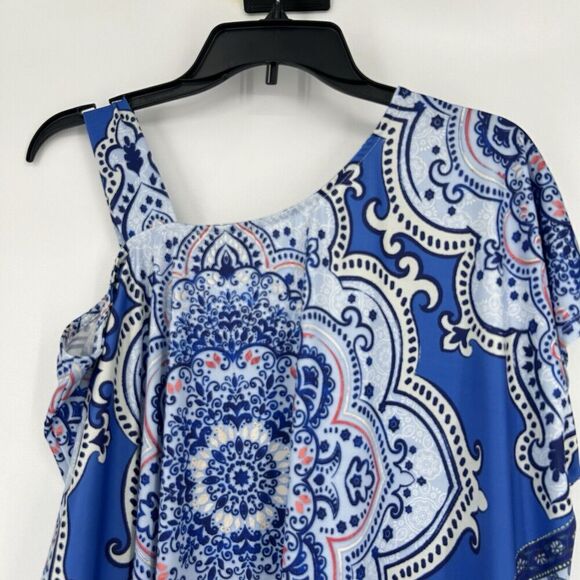 One World Boho Top Blue Mixed Pattern One Cold Shoulder Stretch Whimsy Size XL - Picture 6 of 9